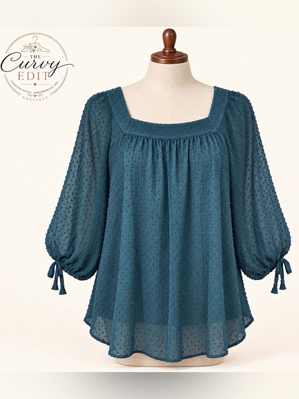 Lauren Conrad Teal Swiss Dot Boho Blouse Tassel Tie Sleeves Size Small
